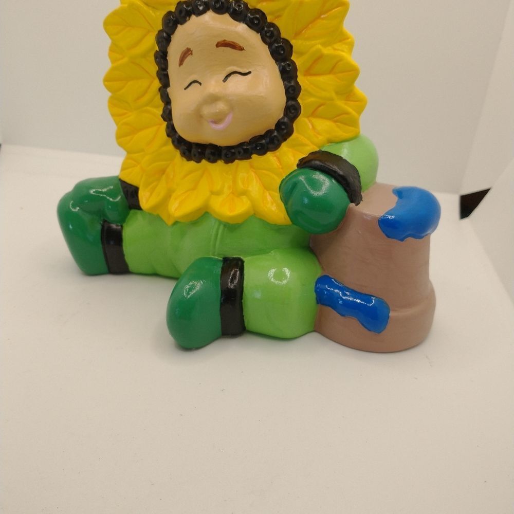 Hand Crafted Sun Flower Baby Figurine with a flower pot Painted Vintage Ceramic